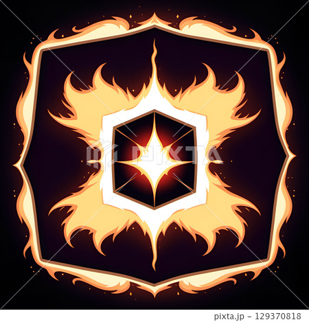 Fiery emblem with glowing star at center, surrounded by abstract flame-like shapes and a decorative border 129370818