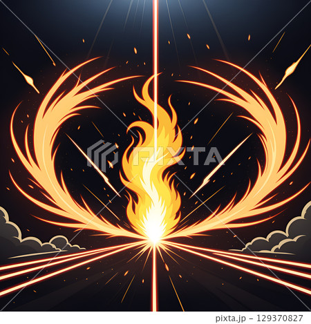 Intense energy blast with fiery wings and laser beams against a dark backdrop Intense energy blast with fiery wings and laser beams against a dark backdrop 129370827