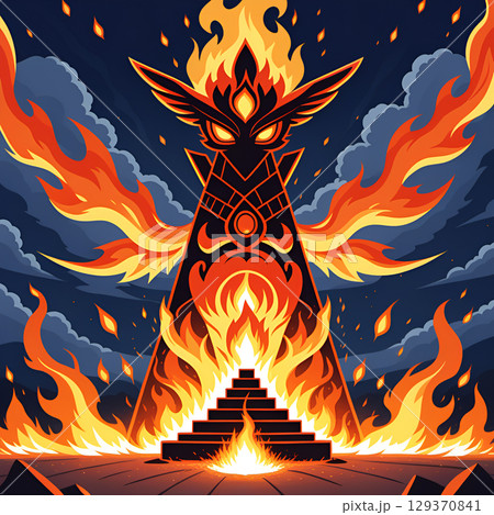 Mystical fiery totem with glowing eyes stands against a dark, cloudy sky with flames erupting. 129370841
