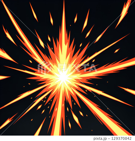 Fiery explosion with sharp orange and yellow rays radiating outwards against a dark background 129370842