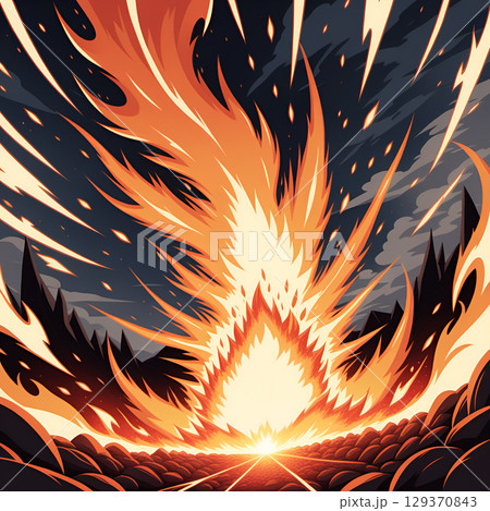 Intense fiery explosion erupts across a dark, dramatic sky with stylized jagged landscape elements below. 129370843