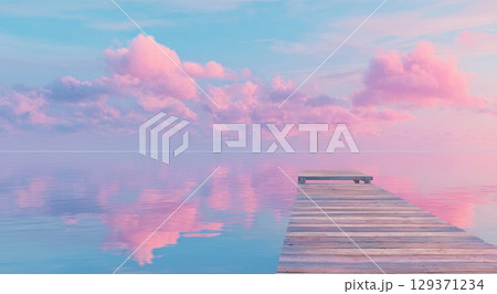 A pink and blue pastel sky with a wooden dock leading into the ocean. A pink and blue pastel sky with a wooden dock leading into the ocean. 129371234