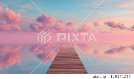 A pink and blue pastel sky with a wooden dock leading into the ocean. A pink and blue pastel sky with a wooden dock leading into the ocean. 129371237
