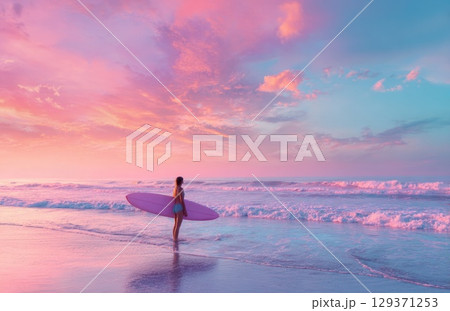 woman holding a surfboard on the beach at sunset with a pink and blue sky 129371253