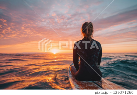 A female surfer in her wetsuit, sitting on a surfboard at sea with a sunset in the background 129371260