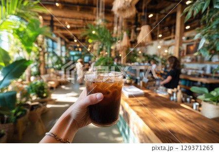 iced coffee being served in front view, with the barista hand. 129371265