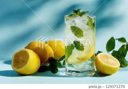 A glass of lemonade with ice and mint, surrounded by lemons on the table 129371270