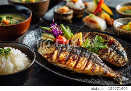 A plate of grilled mackerel with white rice, wasabi and pickled sonno sweeton inside the dish 129371405