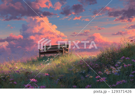 Peaceful meadow with wildflowers, a wooden bench in the center surrounded by colorful blossoms under a pastel sky at sunset Peaceful meadow with wildflowers, a wooden bench in the center surrounded by colorful blossoms under a pastel sky at sunset 129371426