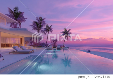 Beautiful modern mansion with an infinity pool and palm trees overlooking the ocean a pink sunset. Beautiful modern mansion with an infinity pool and palm trees overlooking the ocean a pink sunset. 129371450