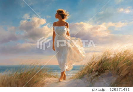 An oil painting of a beautiful woman she is wearing a white dress and her hair is flowing in the wind 129371451