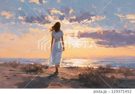 An oil painting of a beautiful woman she is wearing a white dress and her hair is flowing in the wind An oil painting of a beautiful woman she is wearing a white dress and her hair is flowing in the wind 129371452