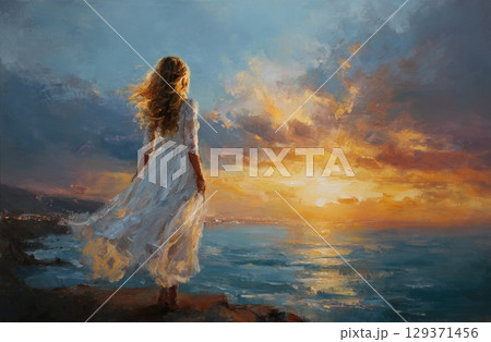 An oil painting of a beautiful woman she is wearing a white dress and her hair is flowing in the wind An oil painting of a beautiful woman she is wearing a white dress and her hair is flowing in the wind 129371456