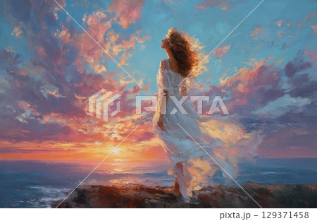 An oil painting of a beautiful woman she is wearing a white dress and her hair is flowing in the wind An oil painting of a beautiful woman she is wearing a white dress and her hair is flowing in the wind 129371458