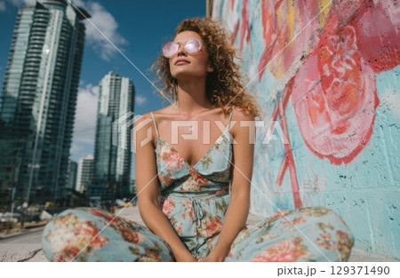 beautiful woman wearing sunglasses and a floral jumpsuit poses in front of a modern cityscape beautiful woman wearing sunglasses and a floral jumpsuit poses in front of a modern cityscape 129371490