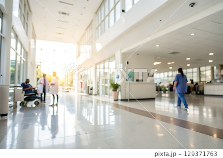 Bright and Spacious Hospital Interior with Medical Staff and Patients in Daylight 129371763