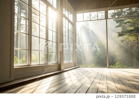 Sunlight Illuminating Empty Room with Large Windows and Beautiful Nature View 129371888