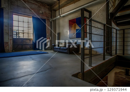 Modern industrial interior with couch, minimalist decor, and natural light from large windows Modern industrial interior with couch, minimalist decor, and natural light from large windows 129371944
