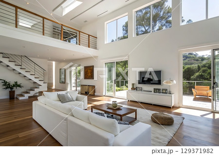 Modern Bright Living Room with Large Windows and Elegant Minimalist Interior Design Modern Bright Living Room with Large Windows and Elegant Minimalist Interior Design 129371982