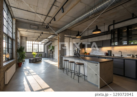 Modern industrial kitchen design with large windows and concrete elements in urban setting Modern industrial kitchen design with large windows and concrete elements in urban setting 129372041