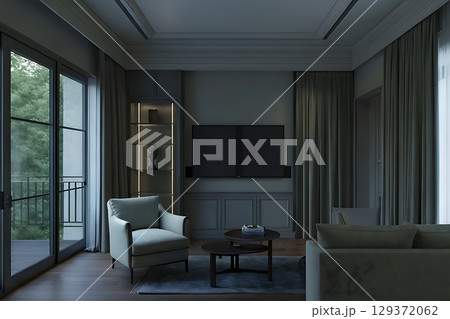 Modern Minimalist Living Room Interior with Soft Lighting and Elegant Decor Elements 129372062