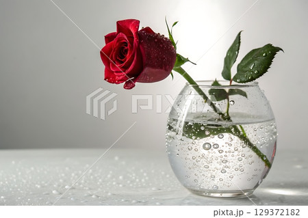 Elegant Red Rose in Clear Glass Vase with Water Droplets on Reflective Surface 129372182