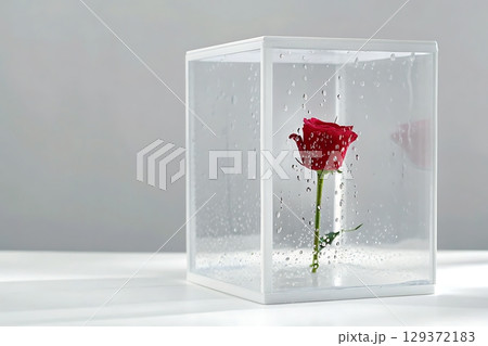 Fresh flower in a glass box with water droplets showcasing natural beauty and elegance 129372183