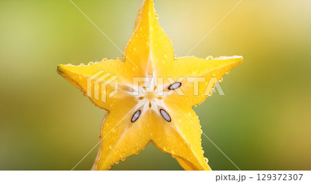 Close-up of a vibrant star fruit slice highlighting its star shape and juicy texture with water droplets on yellow background 129372307