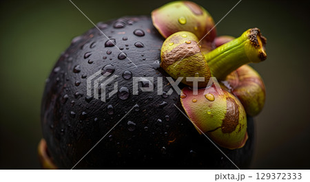 Captivating close up of a fresh mangosteen fruit covered with glistening water droplets in studio shot 129372333