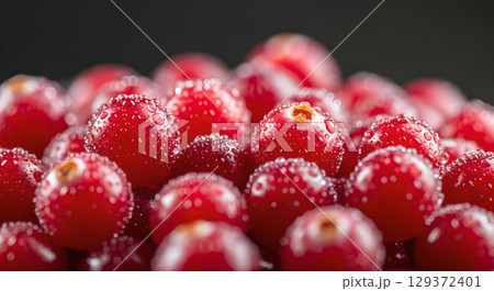 Close up of fresh cranberries with water droplets showcasing vibrant red hues against dark background 129372401