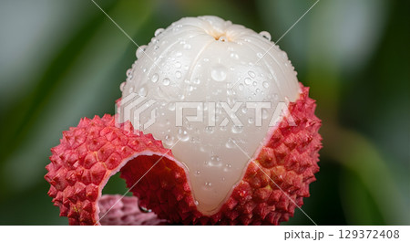 Close-up shot of a fresh and juicy lychee fruit, partially peeled, showcasing its translucent flesh and vibrant red skin against a blurred green backdrop 129372408