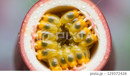 Exotic delight a close-up of a half-cut passion fruit revealing juicy pulp and seeds with water drops creating visual appeal 129372426