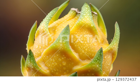 Close up of Yellow Dragon Fruit with Water Droplets, A Captivating Tropical Still Life 129372437