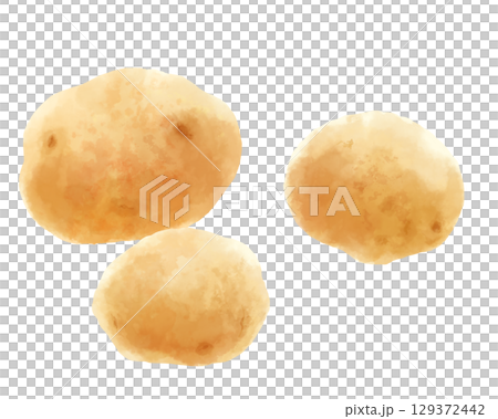 水彩で描いた素朴なじゃがいも3つ 129372442