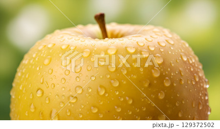 Fresh golden apple with water droplets glistening in the sunlight perfect for healthy lifestyles Fresh golden apple with water droplets glistening in the sunlight perfect for healthy lifestyles 129372502