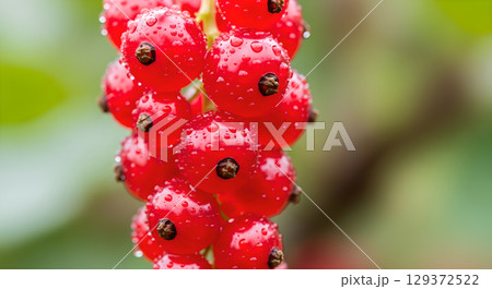 Close up of vibrant red currants with water droplets against a blurred green background shows fresh fruit 129372522