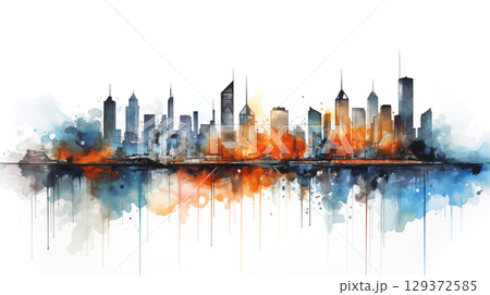 A watercolor painting of a cityscape. Vibrant cityscape with watercolor accents 129372585