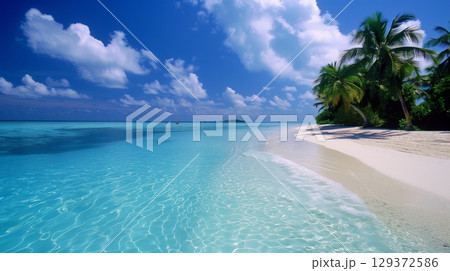 Tropical beach. Summer vacation on a tropical island with beautiful beach and palm trees. Tropical Maldives. 129372586