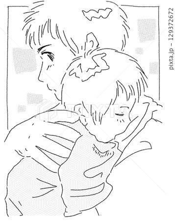 赤ちゃんを肩でトントンするパパさん 129372672