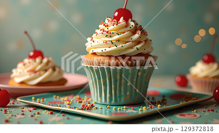 Delicious cupcakes with creamy frosting and cherry toppings offer a delightful visual treat for any occasion Delicious cupcakes with creamy frosting and cherry toppings offer a delightful visual treat for any occasion 129372818