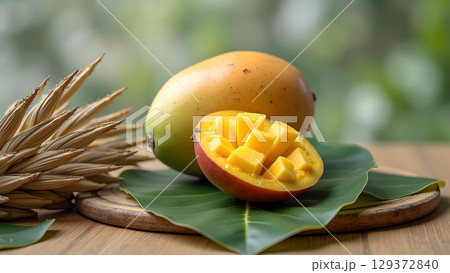 Delicious Mango Still Life Featuring Cut Fruit Cubes, Leaf, and Beautiful Blurred Background Image Displays Healthy Summer Freshness 129372840