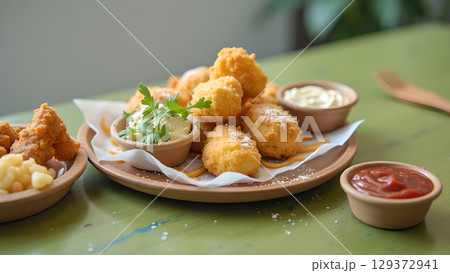 Delicious homemade golden fried mozzarella cheese balls on plate with various dipping sauces presented attractively Delicious homemade golden fried mozzarella cheese balls on plate with various dipping sauces presented attractively 129372941