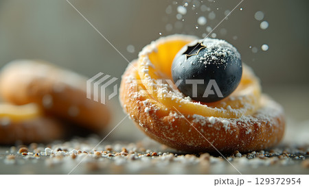 Delicate donut pastry adorned with a vibrant blueberry and dusted with confectioners sugar Delicate donut pastry adorned with a vibrant blueberry and dusted with confectioners sugar 129372954