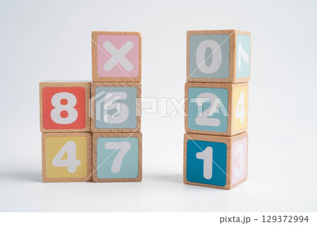 Number wood block cubes for learning Mathematic, education math. 129372994