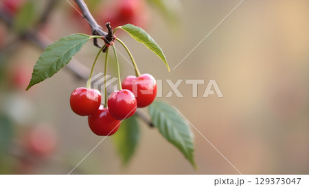 A close up shot showcasing fresh red cherries still hanging from the tree branch with foliage A close up shot showcasing fresh red cherries still hanging from the tree branch with foliage 129373047