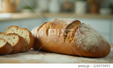 Freshly baked homemade bread loaf with flour dusting showcases culinary artistry and rustic charm displayed beautifully Freshly baked homemade bread loaf with flour dusting showcases culinary artistry and rustic charm displayed beautifully 129373055