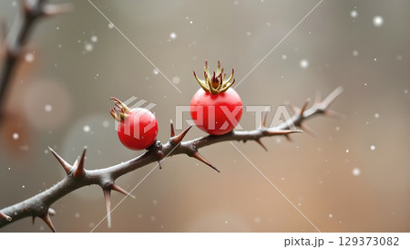 Two red rosehips on a thorny branch create a festive winter scene with snowflakes falling 129373082