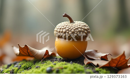Autumn acorn still life with dry leaves on mossy ground in soft diffused light and blurry background Autumn acorn still life with dry leaves on mossy ground in soft diffused light and blurry background 129373163