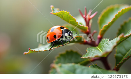 Detailed macro photograph showcases a ladybug perched upon a vibrant green leaf in natural sunlight 129373178