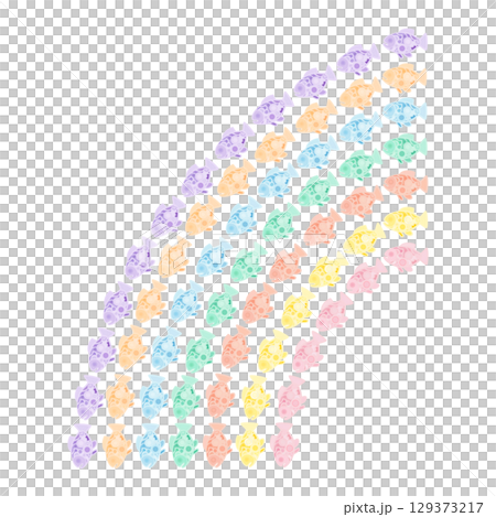 彩虹般的淡彩色魚以對角線排列(90 度,7 種顏色) 彩虹般的淡彩色魚以對角線排列(90 度,7 種顏色) 129373217